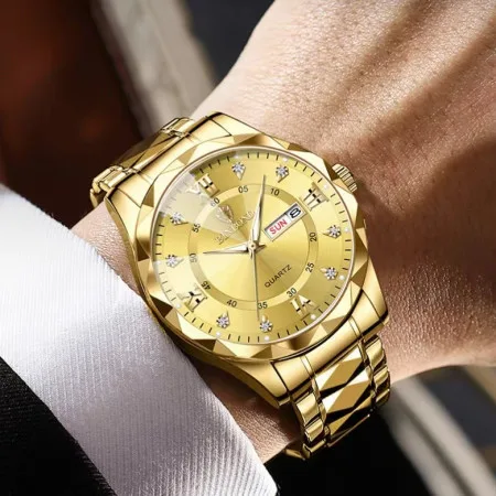 Waterproof Men Gold Quartz Watch Stainless Steel